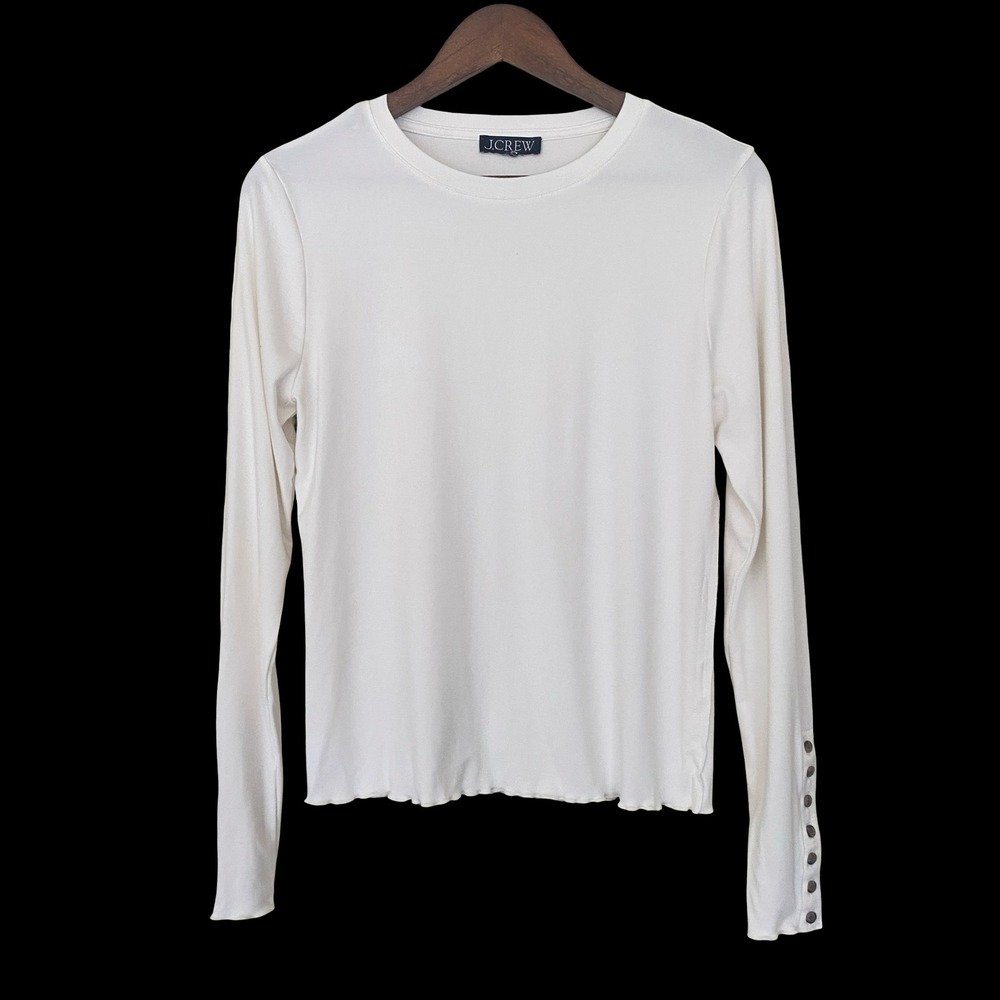J Crew Women's Long Sleeve Top Cream White Button Cuff Lettuce Hem Crew Neck M